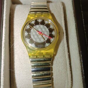 Vintage Swatch Gold Dial Watch With Yellow Transparent Case & Metal Bracelet